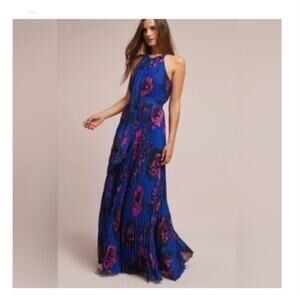 Nicole Miller Women's Blue Floral Chiffon Pleated Maxi Dress Size 2